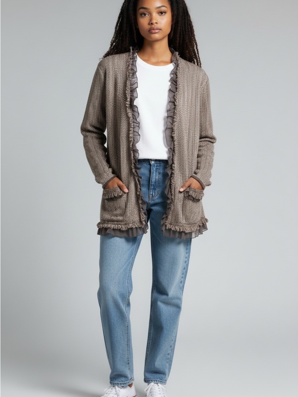 Dana Buchman Herringbone Knit Ruffle Trim Sweater Jacket